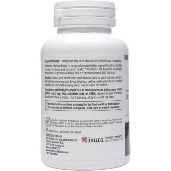 Bioclinic Naturals Vitamin D3 & K2 60 softgels suggested use label