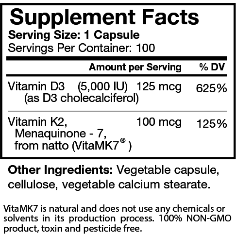 Biodesign Vitamin D3 5000 IU Plus Natural MK-7 100 capsules supplement facts label