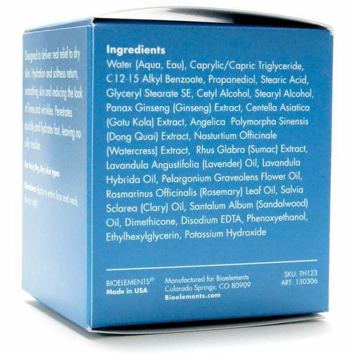 Bioelements Crucial Moisture 2.5 fl oz box ingredients panel
