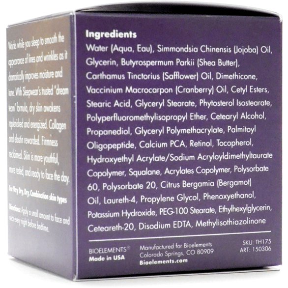 Bioelements Sleepwear 1.5 oz box ingredients panel