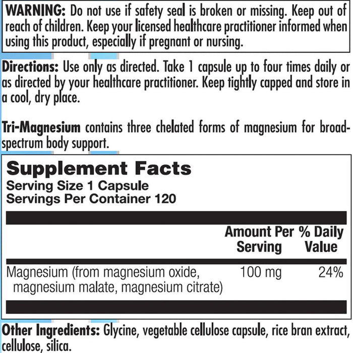 BioGenesis Tri-Magnesium 120 capsules supplement facts label