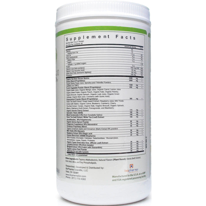 BioPharma Scientific NanoGreens 10 Green Apple 12.7 oz supplement facts label