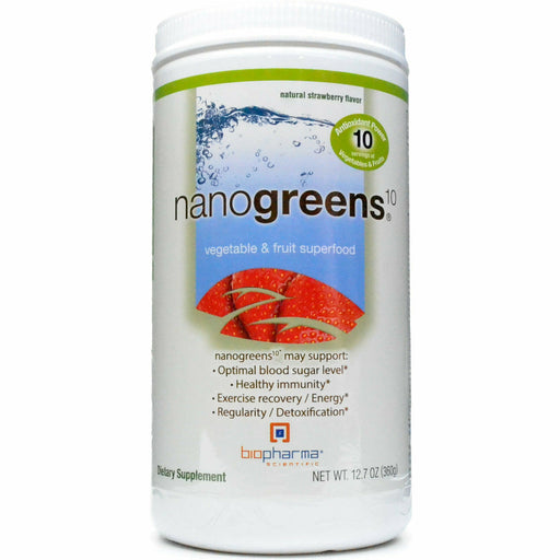 BioPharma Scientific NanoGreens 10 Strawberry, 12.7 oz, front of container