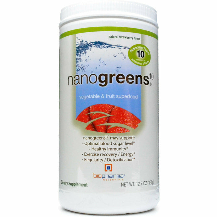 BioPharma Scientific NanoGreens 10 Strawberry, 12.7 oz, front of container