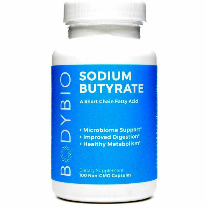 BodyBio Sodium Butyrate 600 mg, 100 capsules, front of bottle
