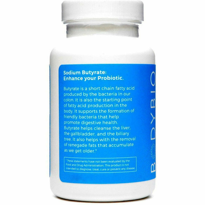 BodyBio Sodium Butyrate 600 mg 100 capsules suggested use label