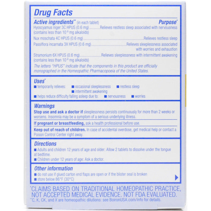 Boiron SleepCalm 60 tablets drug facts label