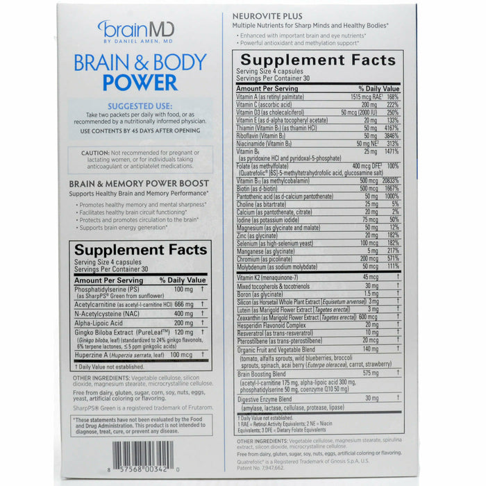 BrainMD Brain & Body Power 60 packets supplement facts label 2