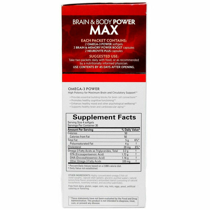 BrainMD Brain & Body Power Max 60 packets supplement facts label 2