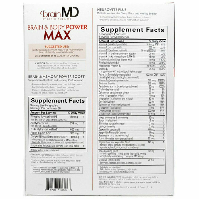 BrainMD Brain & Body Power Max 60 packets supplement facts label