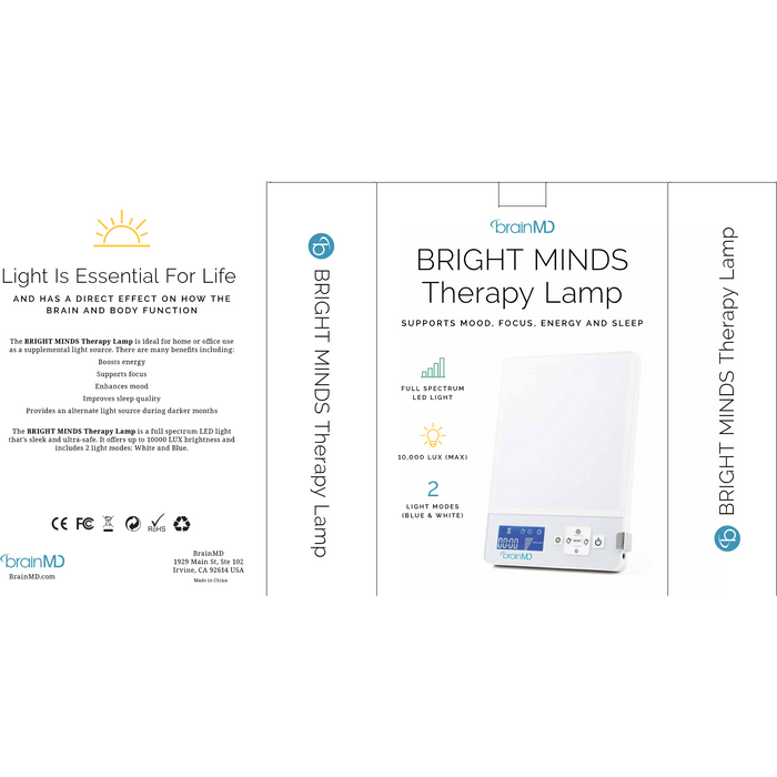 BrainMD Bright Minds Therapy Lamp packaging panels
