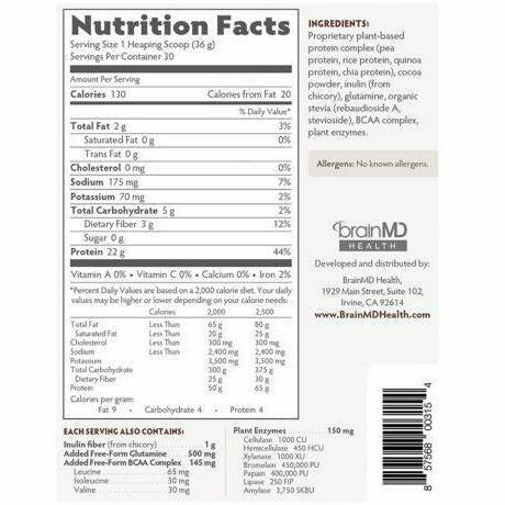 BrainMD OMNI Protein Powder Chocolate 2.38 lb nutrition facts label