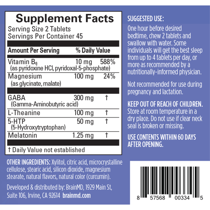 BrainMD, Put Me to Sleep 90 Chewable Tablets Supplement Facts Label
