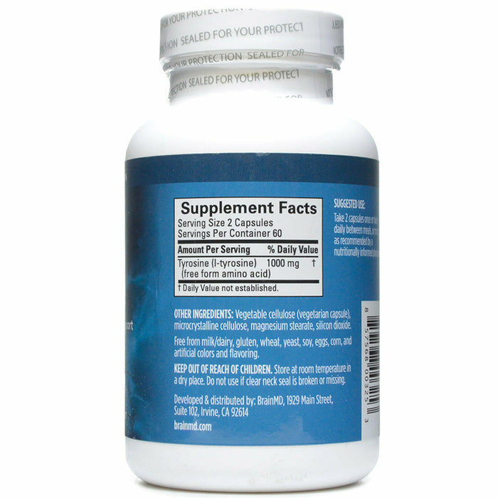 BrainMD Tyrosine 1000 mg 120 capsules supplement facts label