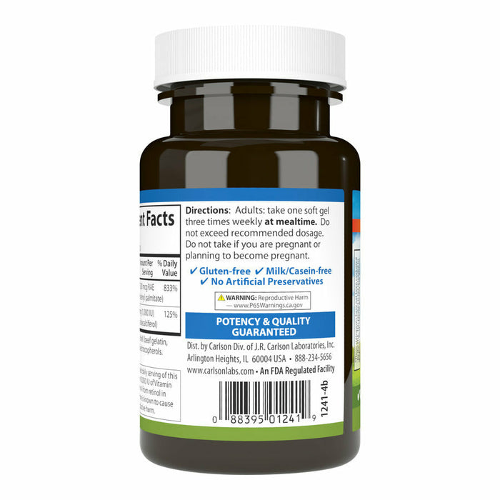 Carlson Labs A & D 25000 IU & 1000 IU 250 softgels back label