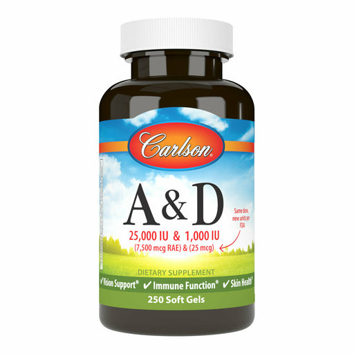 Carlson Labs A & D 25000 IU & 1000 IU, 250 softgels, front of bottle