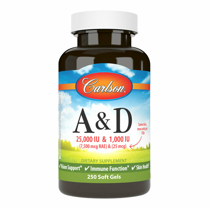 Carlson Labs A & D 25000 IU & 1000 IU, 250 softgels, front of bottle