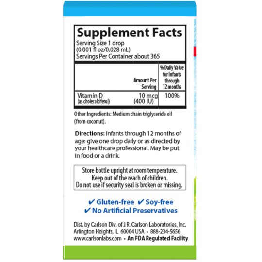 Carlson Labs Baby's Super Daily D3 400 IU 0.35 fl oz supplement facts label