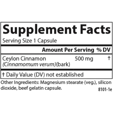 Carlson Labs Ceylon Cinnamon 500 mg 90 capsules supplement facts label