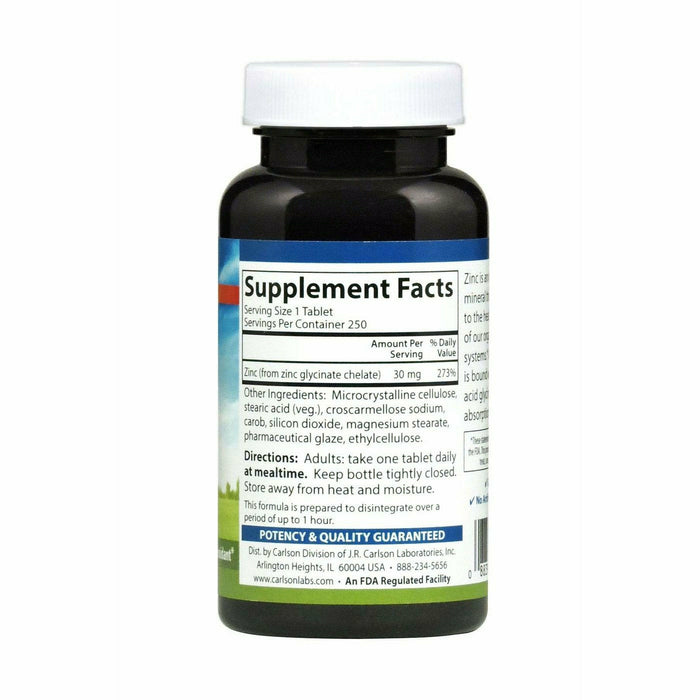 Carlson Labs Chelated Zinc 30 mg 250 tablets supplement facts label