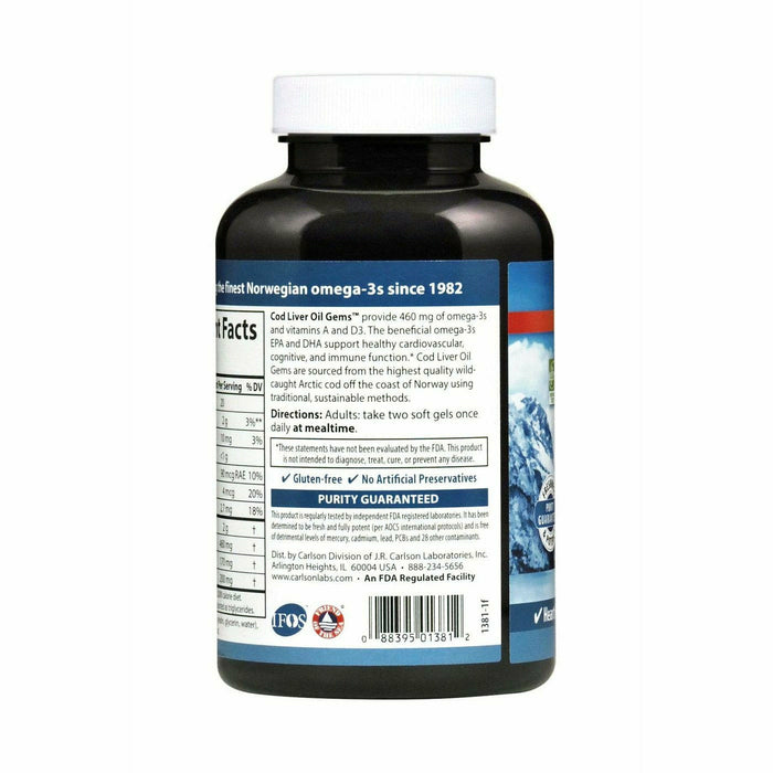 Carlson Labs Cod Liver Oil 460 mg 150 softgels suggested use label