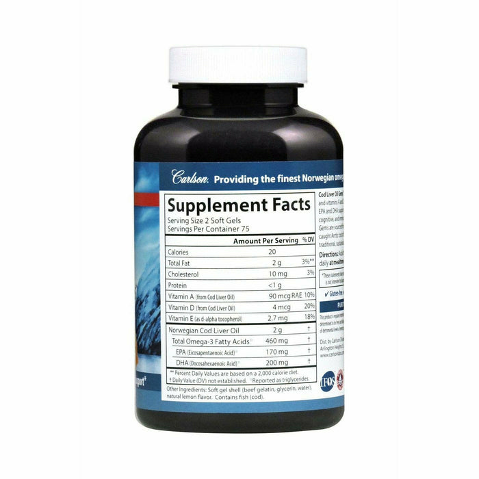 Carlson Labs Cod Liver Oil 460 mg 150 softgels supplement facts label