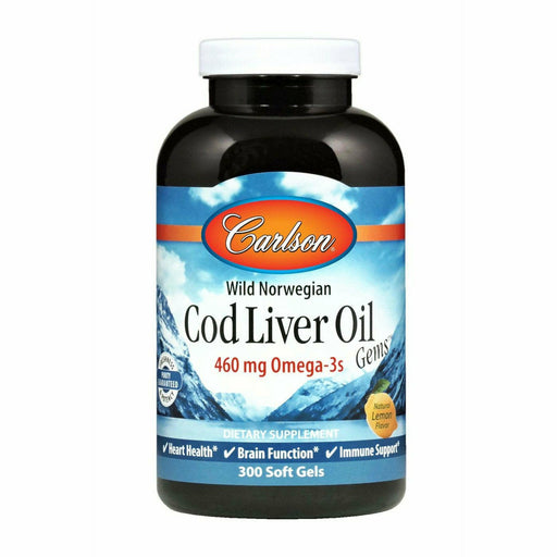 Carlson Labs Cod Liver Oil Lemon 1000 mg, 300 softgels, front of bottle
