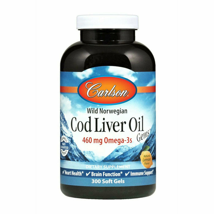 Carlson Labs Cod Liver Oil Lemon 1000 mg, 300 softgels, front of bottle