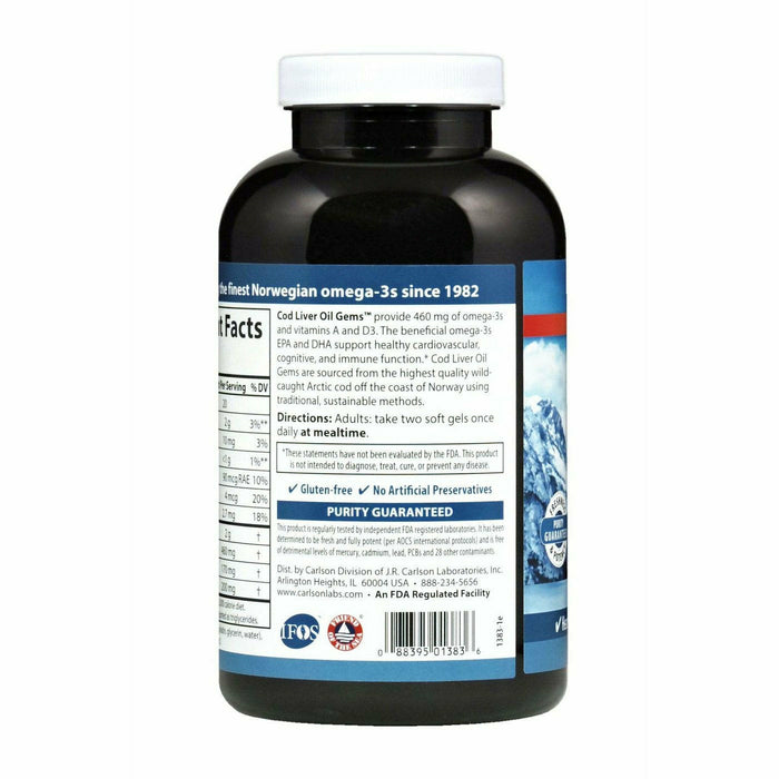 Carlson Labs Cod Liver Oil Lemon 1000 mg 300 softgels suggested use label