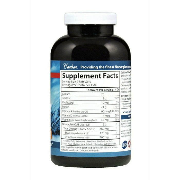Carlson Labs Cod Liver Oil Lemon 1000 mg 300 softgels supplement facts label