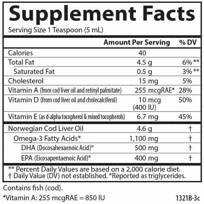 Carlson Labs Cod Liver Oil Liquid 250 mL supplement facts panel, close-up