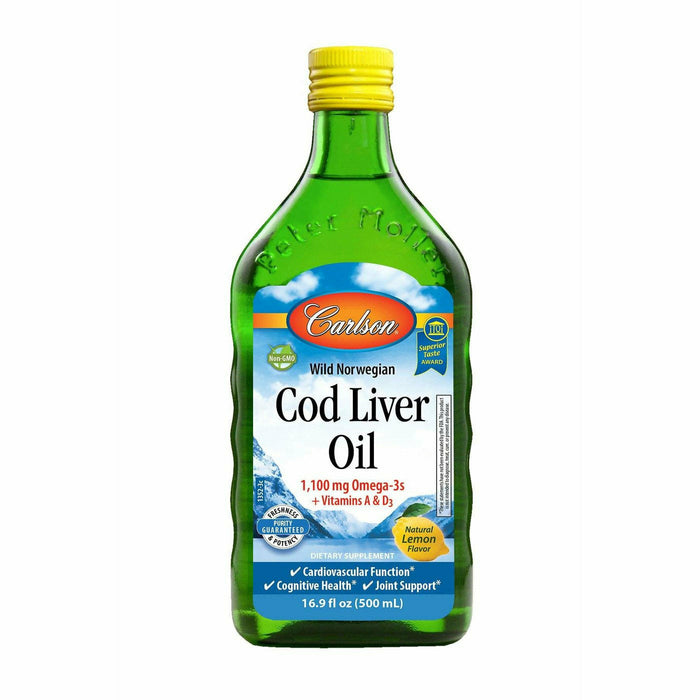 Carlson Labs Cod Liver Oil Liquid Lemon, 500 mL, front of bottle