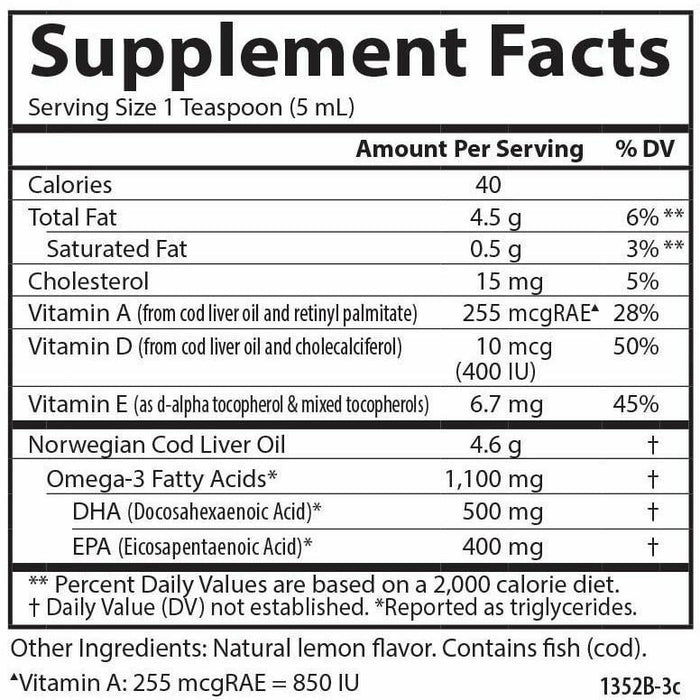 Carlson Labs Cod Liver Oil Liquid Lemon 500 mL supplement facts panel, close-up