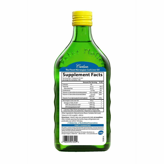 Carlson Labs Cod Liver Oil Liquid Lemon 500 mL supplement facts label