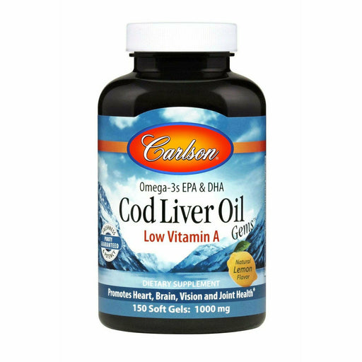 Carlson Labs Cod Liver Oil Low Vit A 1000 mg Lemon, 150 softgels, front of bottle