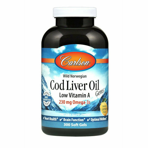 Carlson Labs Cod Liver Oil Low Vit A 230 mg Lemon, 300 softgels, front of bottle