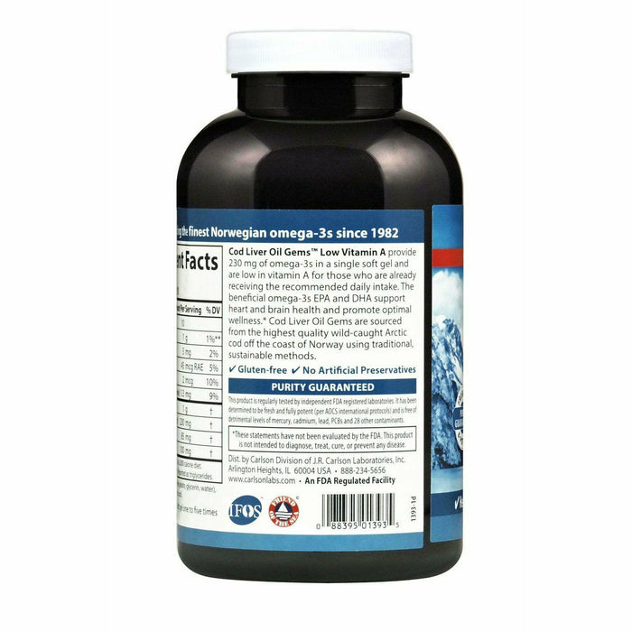 Carlson Labs Cod Liver Oil Low Vit A 230 mg Lemon 300 softgels suggested use label