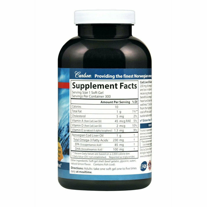 Carlson Labs Cod Liver Oil Low Vit A 230 mg Lemon 300 softgels supplement facts label