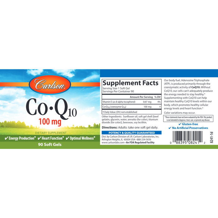 Carlson Labs CoQ10 100 mg 90 softgels supplement facts label