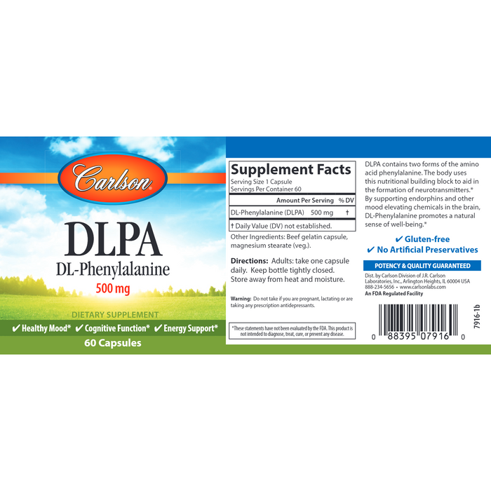 Carlson Labs DLPA (DL-Phenylalanine) 60 capsules supplement facts label