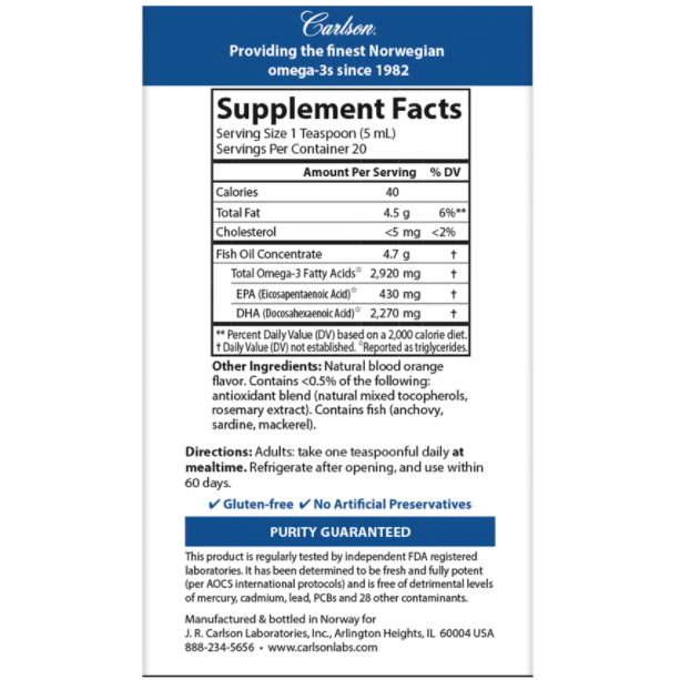 Carlson Labs Elite DHA 2,270 mg 100 mL supplement facts label