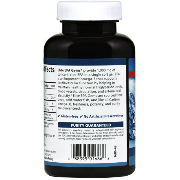 Carlson Labs Elite EPA Gems 1000 mg 60 softgels supplement facts label, second view