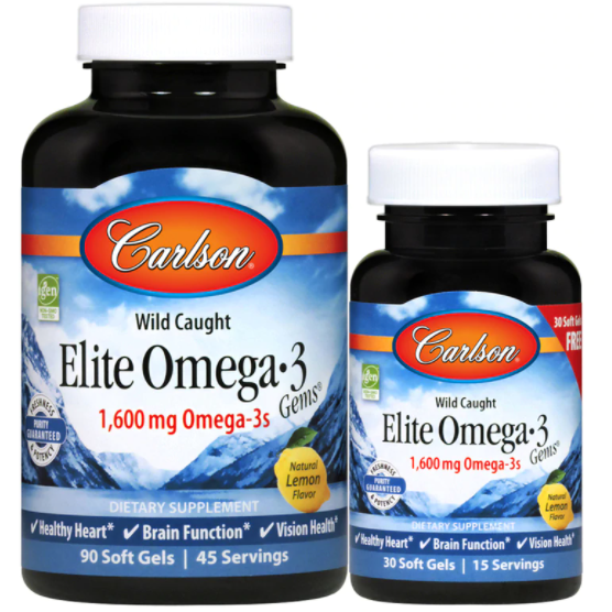 Carlson Labs Elite Omega-3 Gems 1,600 mg, 90 + 30 softgels, front of bottle