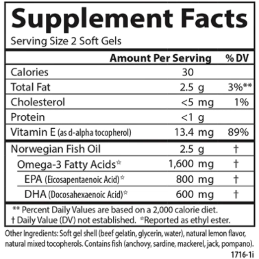 Carlson Labs Elite Omega-3 Gems 1,600 mg 90 + 30 softgels supplement facts label