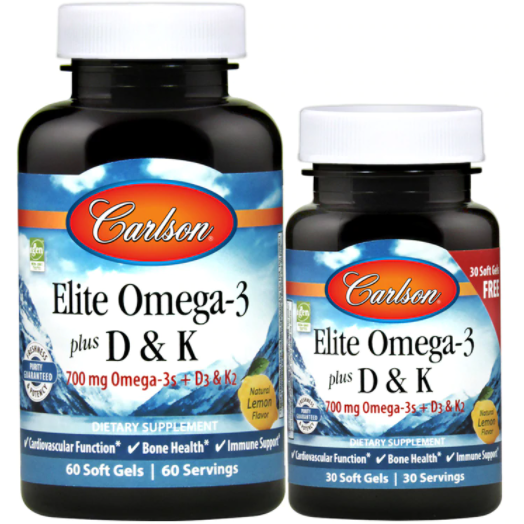 Carlson Labs Elite Omega-3 + D3 & K, 60 + 30 softgels, front of bottle