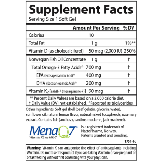 Carlson Labs Elite Omega-3 + D3 & K 60 + 30 softgels supplement facts label