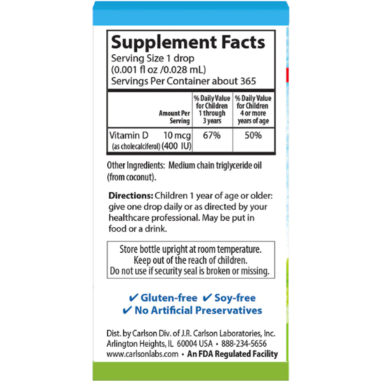 Carlson Labs Kid's Super Daily D3 400 IU 0.35 fl oz supplement facts label