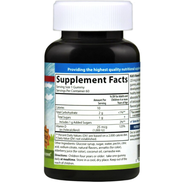 Carlson Labs Kid's Vitamin D3 Gummies 1000 IU 60 gummies supplement facts label