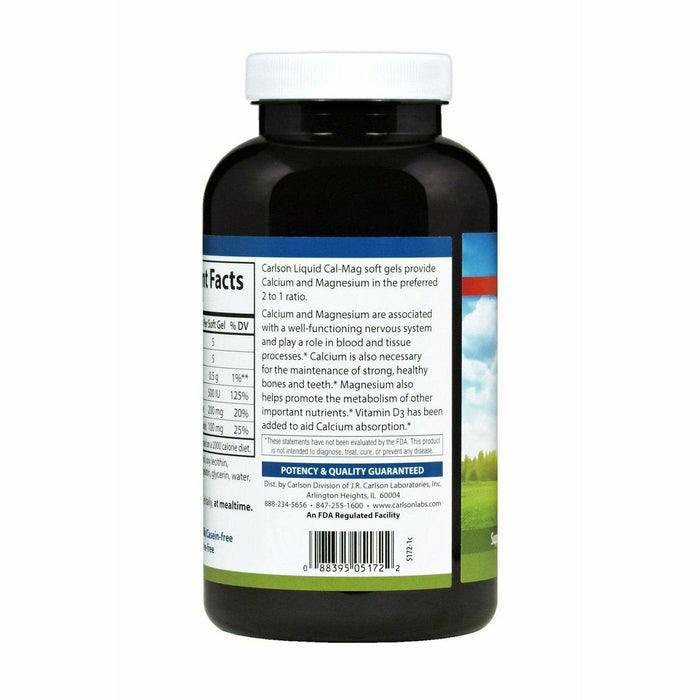 Carlson Labs Liquid Cal-Mag 250 softgels suggested use label