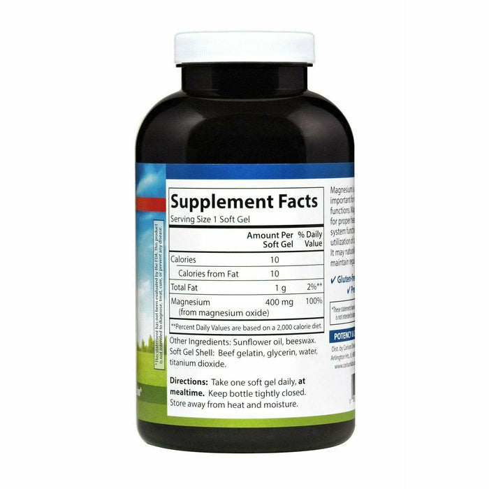 Carlson Labs Liquid Magnesium 400 mg 250 softgels supplement facts label